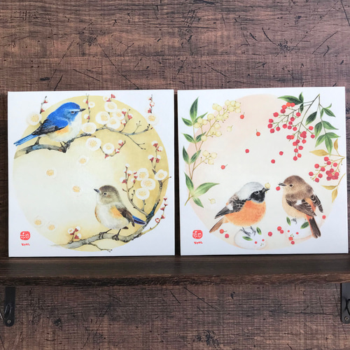 ジョウビタキと南天」 18x18cm パネル 絵画 ふじいかずえ ・とり