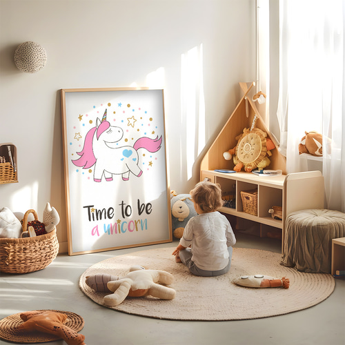 アートポスター ユニコーン メッセージ 英語 ピンク ハート 星 子供