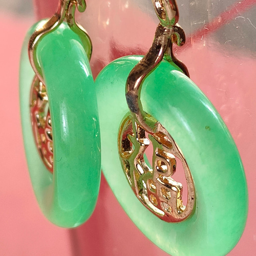 金色福字 翡翠 ピアス レトロ香港 チャイナ ピアス（フック・チェーン 