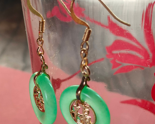 金色福字 翡翠 ピアス レトロ香港 チャイナ ピアス（フック