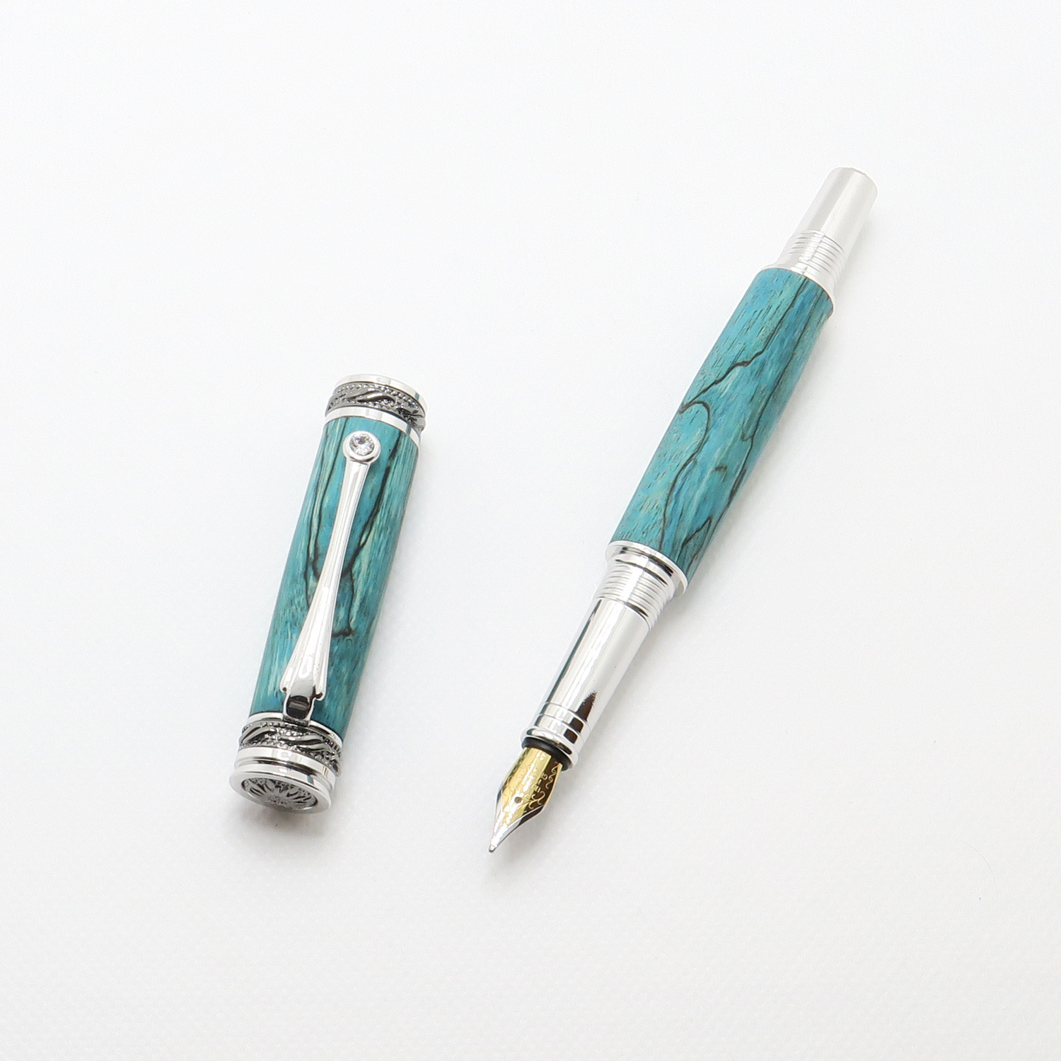 手作り 木製 高級 万年筆 回転式 キャップ 太字 カートリッジ コンバーター 付き タマリンド 青 ロジウム チタン