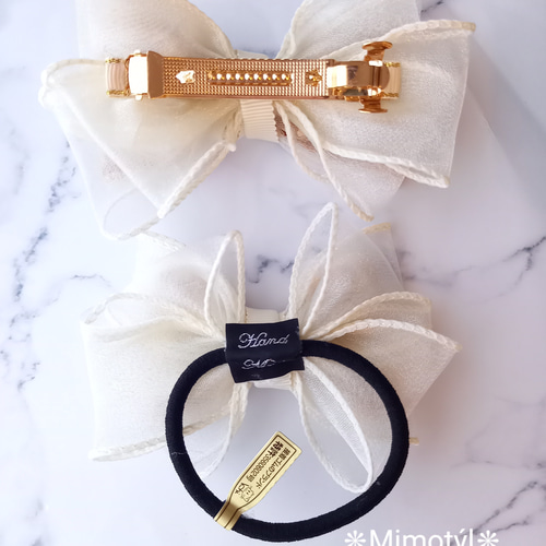 ホワイト オーガンジーリボン×インド刺繍リボン ヘアゴム ヘアゴム