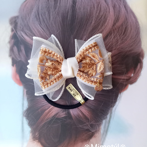 ホワイト オーガンジーリボン×インド刺繍リボン ヘアゴム ヘアゴム