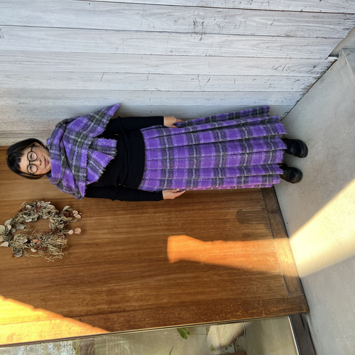 即発送】紫耀くウールモヘアチェックスカート＆ストールセット ロング