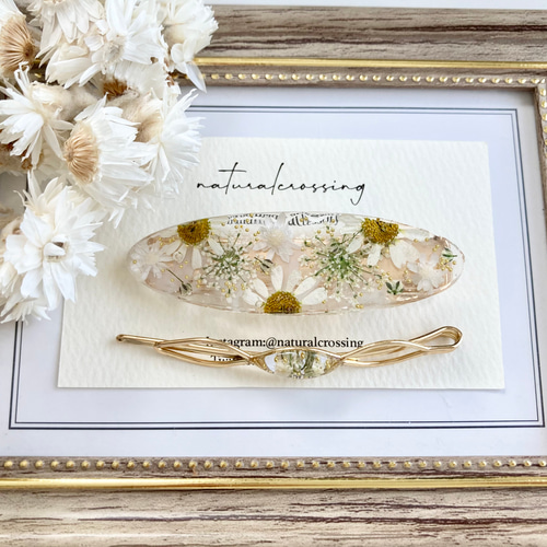 マトリカリアとレースフラワーのヘアアクセサリーセット【オーバル