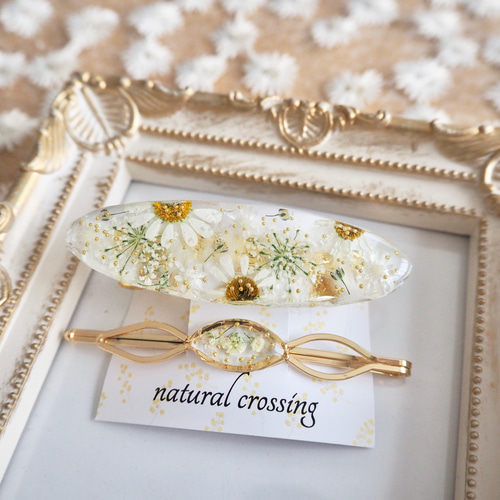 マトリカリアとレースフラワーのヘアアクセサリーセット【オーバル