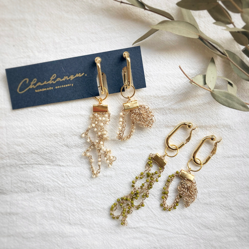 ビーズかぎ針編み【クロッシェビーズとリーフのオーバルフープ