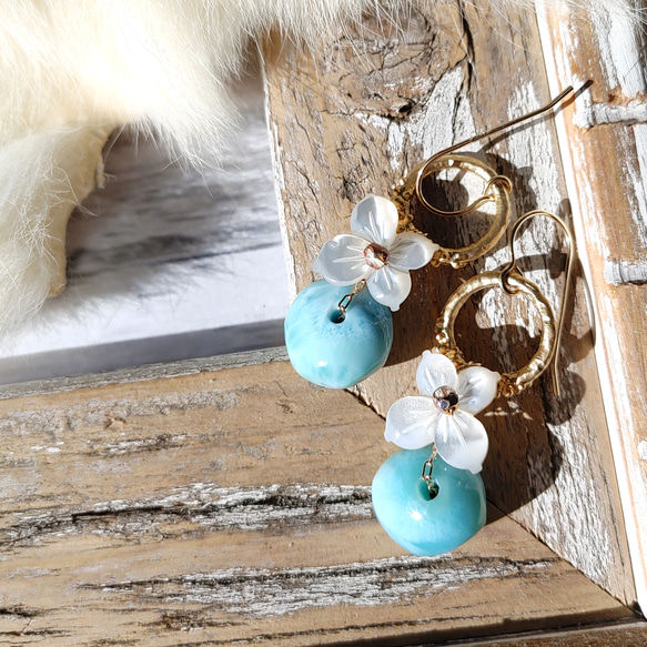 ♡Holiday Special♡❁Larimar sea wreath earrings 14kgf❁美しいラリマー 6枚目の画像
