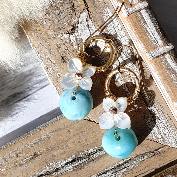 ♡Holiday Special♡❁Larimar sea wreath earrings 14kgf❁美しいラリマー 3枚目の画像