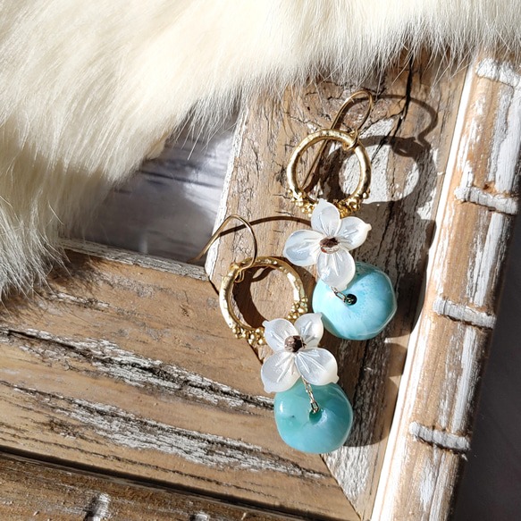♡Holiday Special♡❁Larimar sea wreath earrings 14kgf❁美しいラリマー 9枚目の画像
