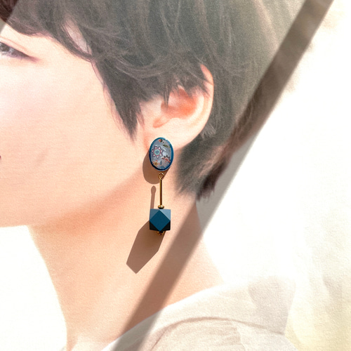 ボタニカル 2way ピアス イヤリング レトロ フラワー ウッドビーズ