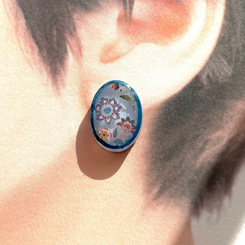 ボタニカル 2way ピアス イヤリング レトロ フラワー ウッドビーズ