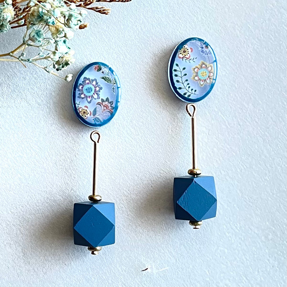 ボタニカル 2way ピアス イヤリング レトロ フラワー ウッドビーズ