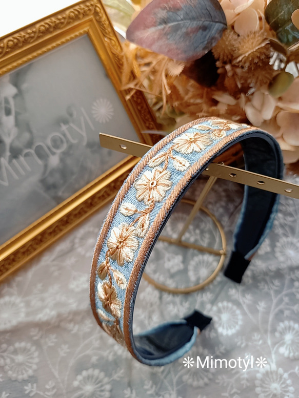 ブルー シンプルフラワー インド刺繍リボン カチューシャ カチューシャ  