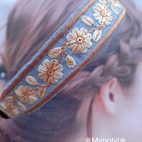 ブルー シンプルフラワー インド刺繍リボン カチューシャ カチューシャ  
