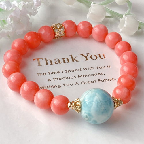 まゆ様♥️ブレス2本♥️大粒ラリマー＆レピドクロサイト苺天然石ブレスレット ✧₊⁎一点物˚✧₊⁎大粒ラリマーコーラル珊瑚天然石ブレスレット