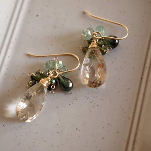 ルチルクォーツ×グリーントルマリン×グリーンカイヤナイトのピアス