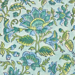【50cm單位】淺藍色藍色隨機花朵帶一耳邊框手工塊印花布料紡織棉 第3張的照片