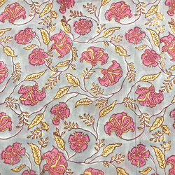 [50cm單位]灰粉色花黃葉手工塊印花布料紡織棉 第3張的照片