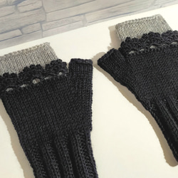 ハンドウォーマー　黒グレー　ウール100%　編み物　手編み　レース編み　④ 7枚目の画像