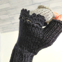 ハンドウォーマー　黒グレー　ウール100%　編み物　手編み　レース編み　④ 2枚目の画像