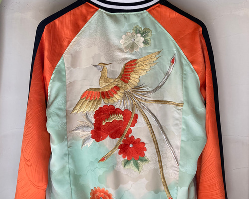 着物リメイクスカジャン リバーシブル 振袖リメイク 和服リメイク 鳳凰