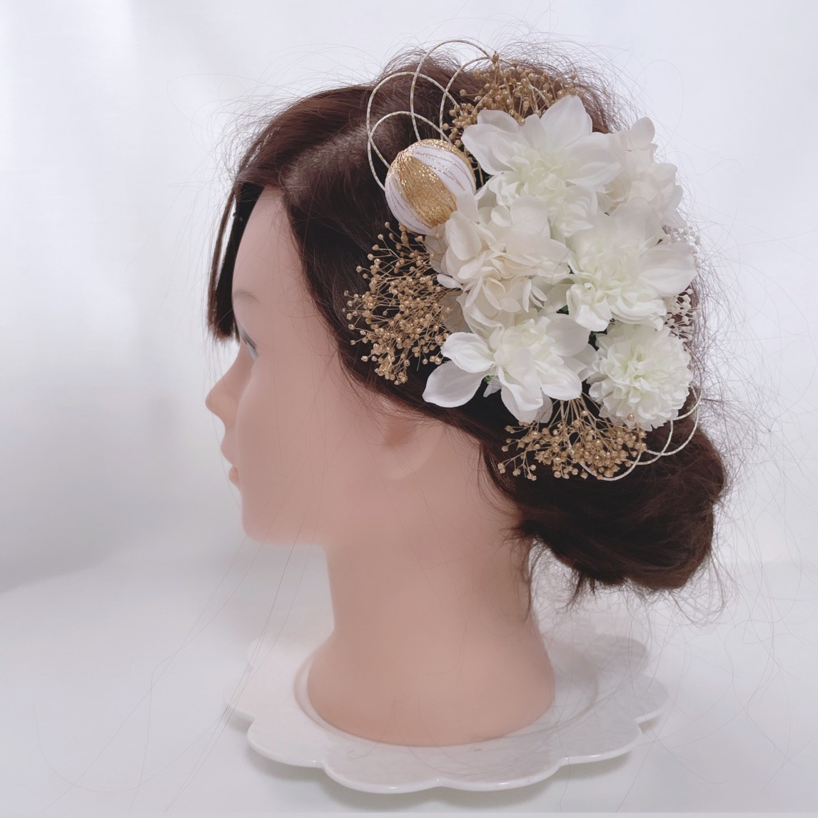 ミニダリア ホワイト ゴールド ヘッドドレス 白無垢 和装 髪飾り 成人式