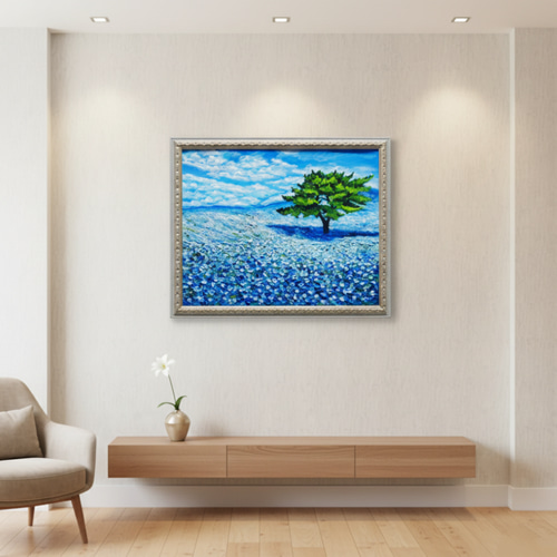 油絵 油彩 油彩画 絵 絵画 キャンバスパネル ミニ絵画【ネモフィラの丘】 希望を運ぶ青い花【青空のネモフィラの丘】インテリアアート原画