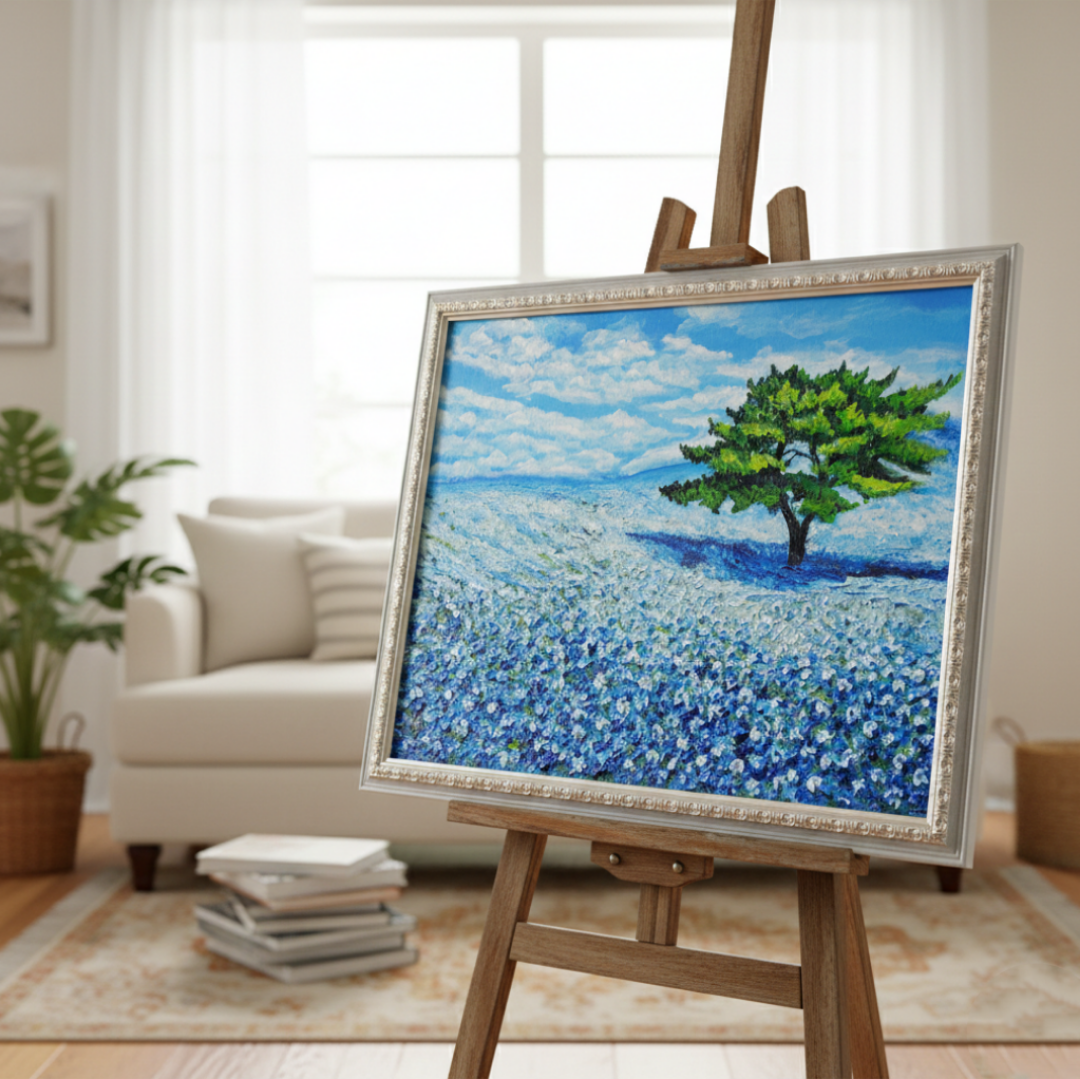 希望を運ぶ青い花【青空のネモフィラの丘】インテリアアート原画