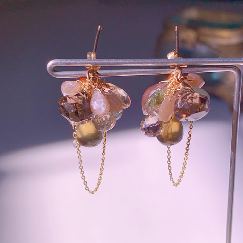 14kgf 大粒チョコレートムーンストーン、シトリン、トルマリン、パール  