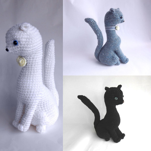 【こちゃのすけページ】グレー×白の猫さんのあみぐるみ ネコ編みぐるみ｜白猫・ロシアンブルー・黒猫 あみぐるみ 癒し