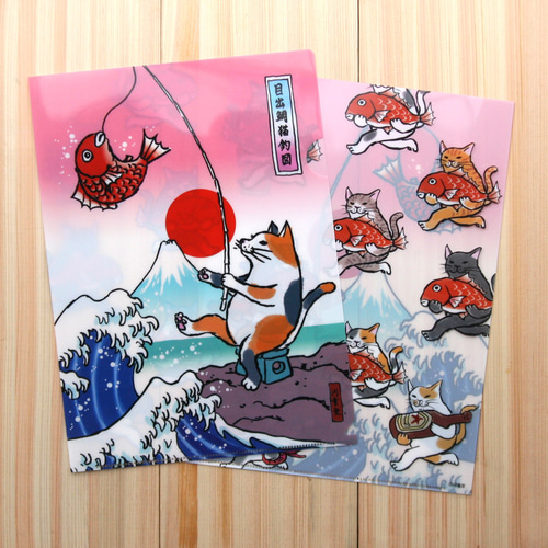 クリアファイル 猫が釣り（浮世絵風）（A4） ペン・筆記用具 河童堂