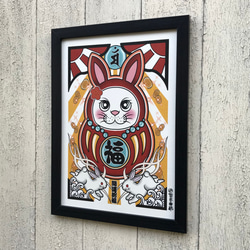 奧吉祥畫插圖達摩兔兔年梵文A4尺寸帶簡約框架 第2張的照片