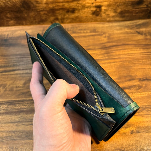 内装染色- 二つ折り長財布 / ディープグリーン（深緑） 長財布（メンズ