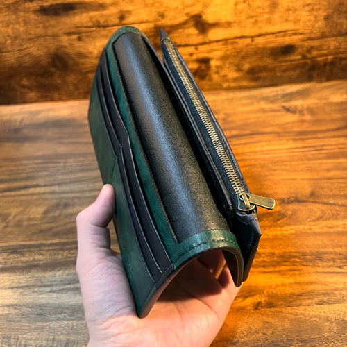 内装染色- 二つ折り長財布 / ディープグリーン（深緑） 長財布（メンズ