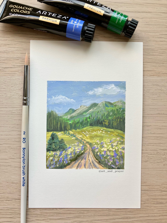 ORIGINAL PAINTING- hiking day, 原画, オリジナルアート, 山の景色の絵 1枚目の画像