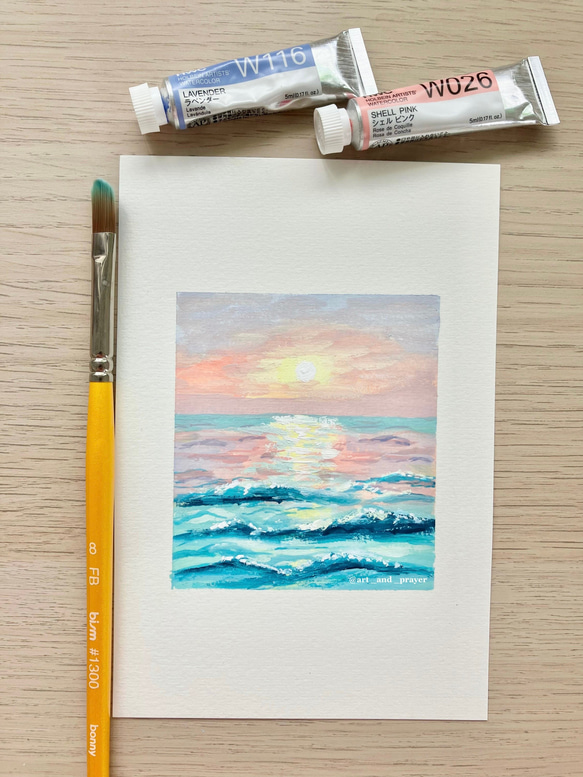 ORIGINAL PAINTING-,pink sunset, 原画, オリジナルアート, 海の絵 1枚目の画像