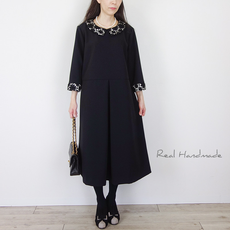 [予約販売] ブラックジョーゼットケミカルレースフラットカラーフロントタックワンピース*卒園 卒業