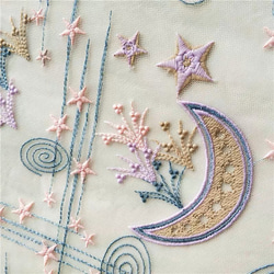 チュ-ルレース刺繍　月と星と花火　夏の夜空　キャンディーカラー　おとぎ話　生地布90cm単位　幅約130cm 3枚目の画像