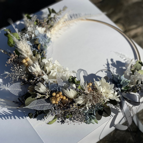 ホワイトブルーのフープリース】ドライフラワー リース リース