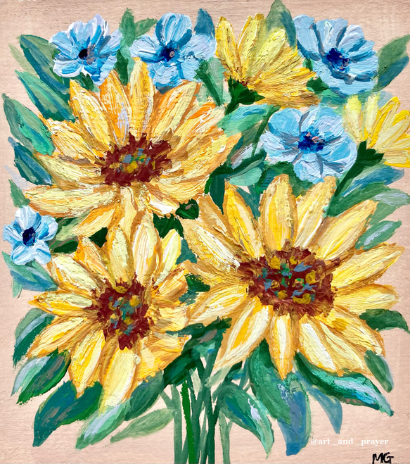 ORIGINAL PAINTING - sunflowers bouquet, 原画, オリジナルアート,ひまわりアート 2枚目の画像