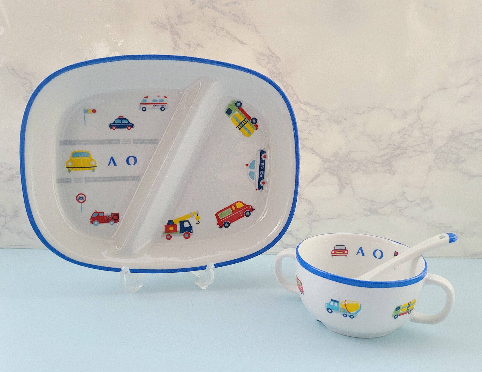 [名前入れ]働く車柄 食器　3点セット（ブルー）プレート&カップ&スプーン