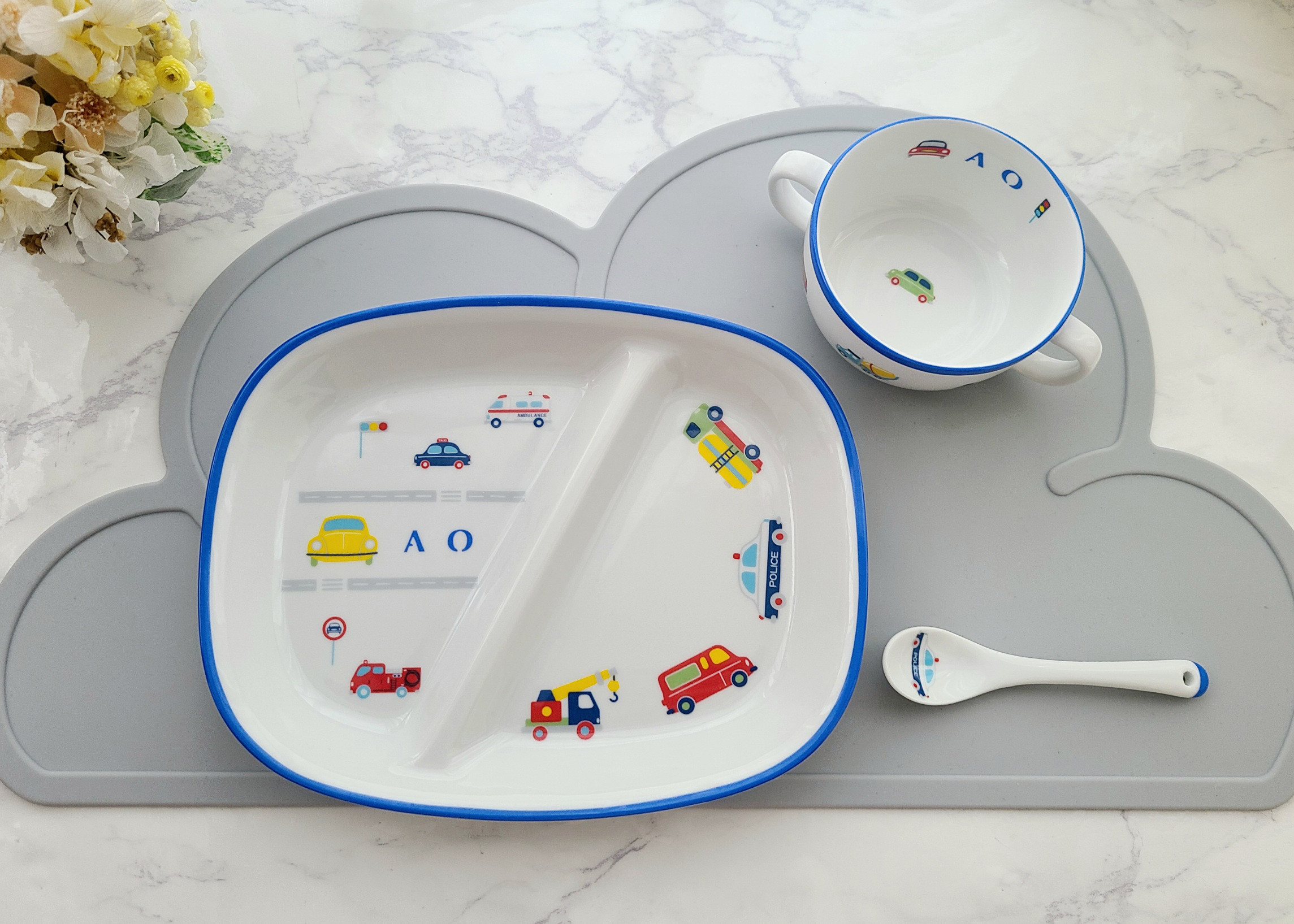 [名前入れ]働く車柄 食器　3点セット（ブルー）プレート&カップ&スプーン