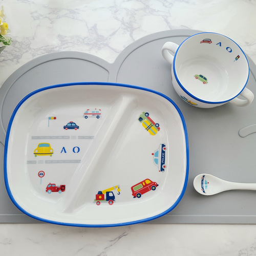 名前入れ]働く車柄 食器 3点セット（ブルー）プレート&カップ&スプーン