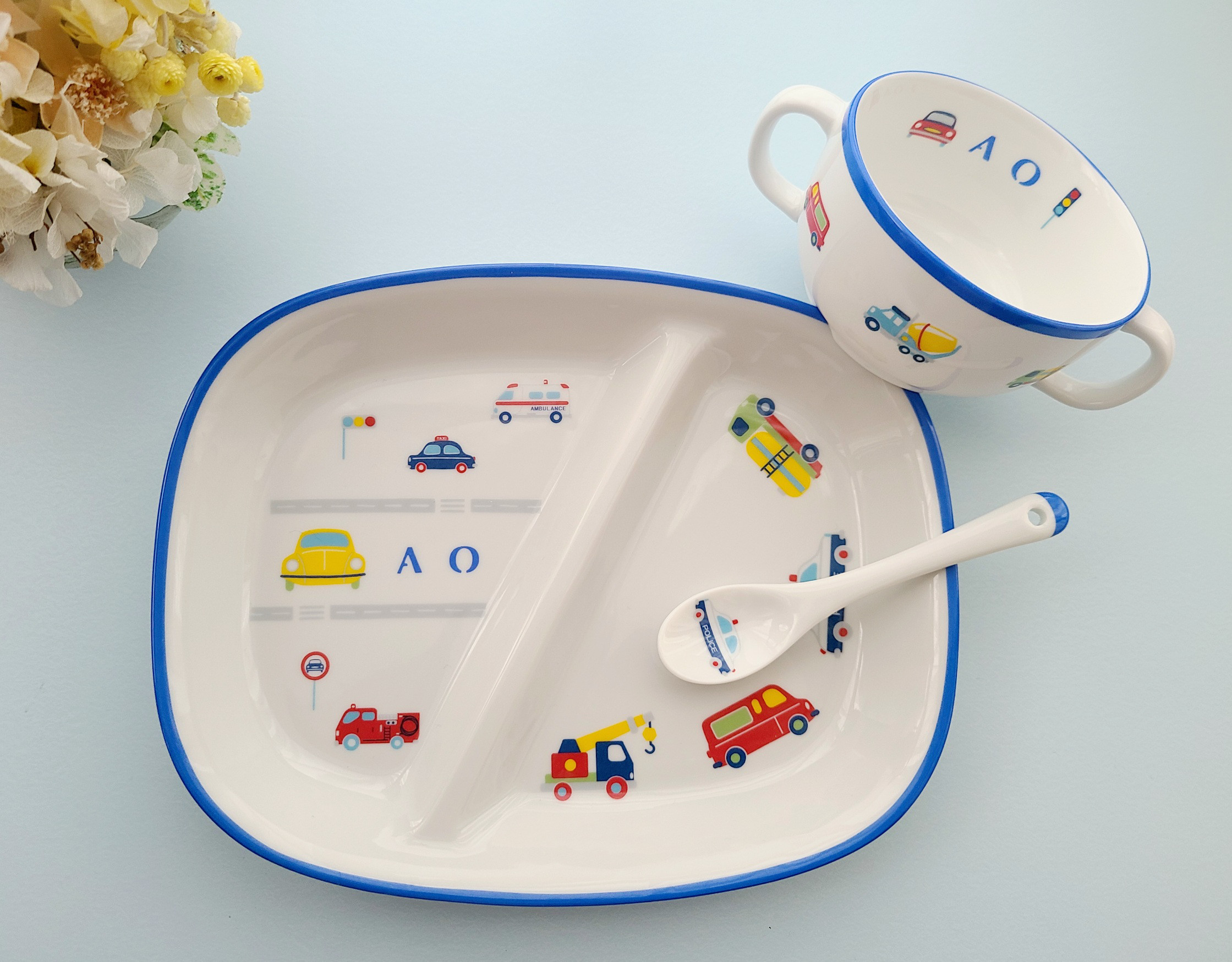 [名前入れ]働く車柄 食器　3点セット（ブルー）プレート&カップ&スプーン