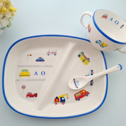 名前入れ]働く車柄 食器 3点セット（ブルー）プレート&カップ&スプーン 
