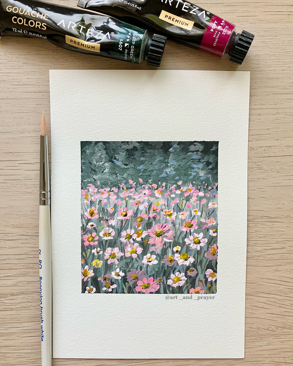 ORIGINAL PAINTING - wild flowers, 原画, オリジナルアート, ピンクフラワーアート 1枚目の画像