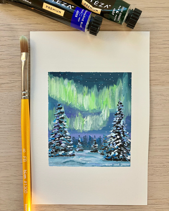 ORIGINAL PAINTING - Aurora, 原画, オリジナルアート, winter art 1枚目の画像