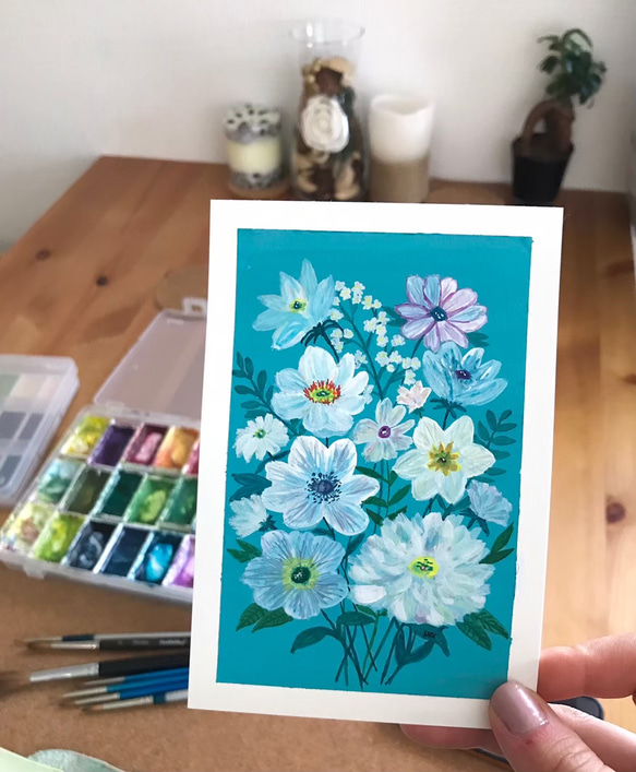 ORIGINAL PAINTING - blue flowers, 原画, オリジナルアート, フラワーアート 2枚目の画像