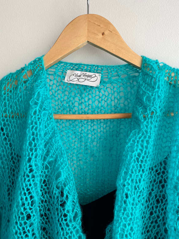 手編みシアーモヘアニットカーディガン　オーバーサイズ　バルーン袖　グリーン 3枚目の画像